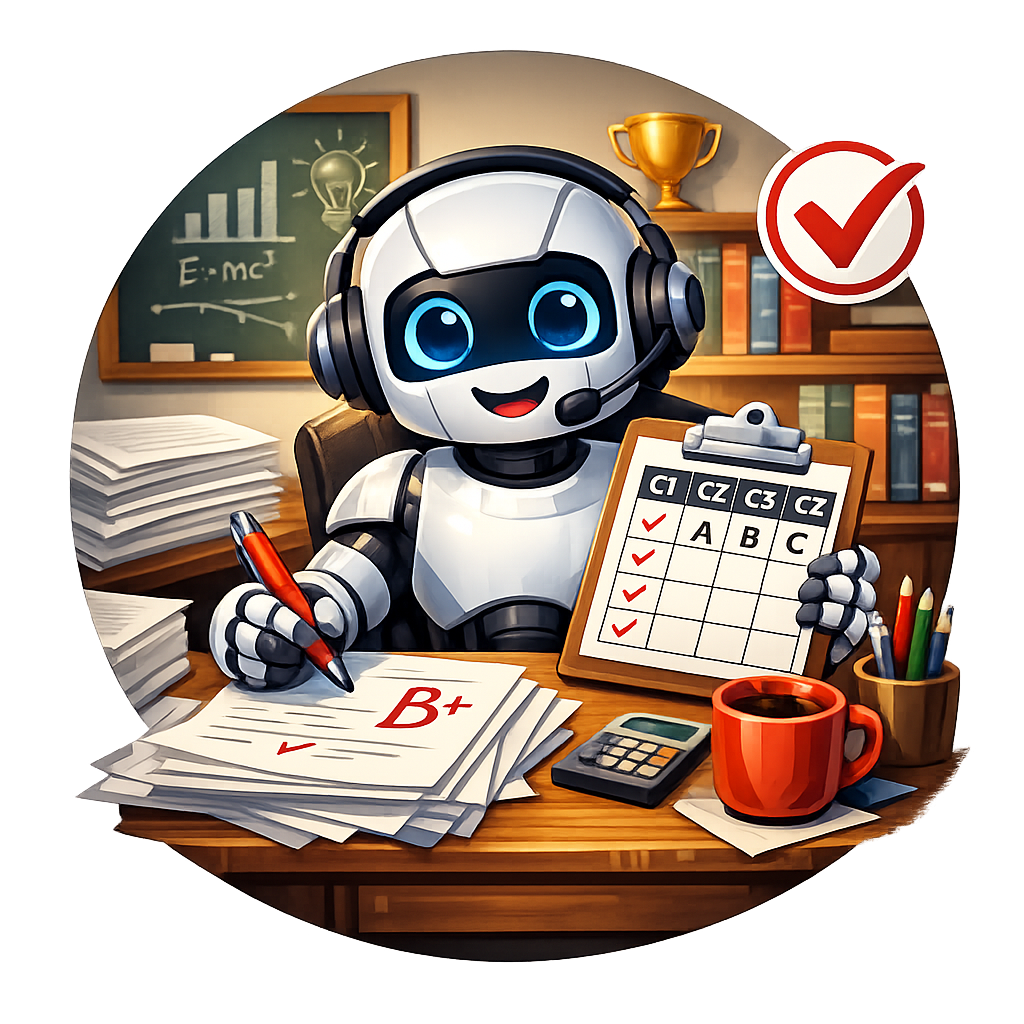 Robot corrector evaluando trabajos con una rúbrica